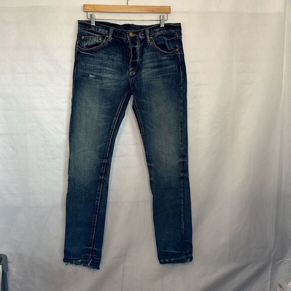MNML Jeans Mens 34 Blue Denim Pants Button Fly Distressed Streetwear - Picture 1 of 9